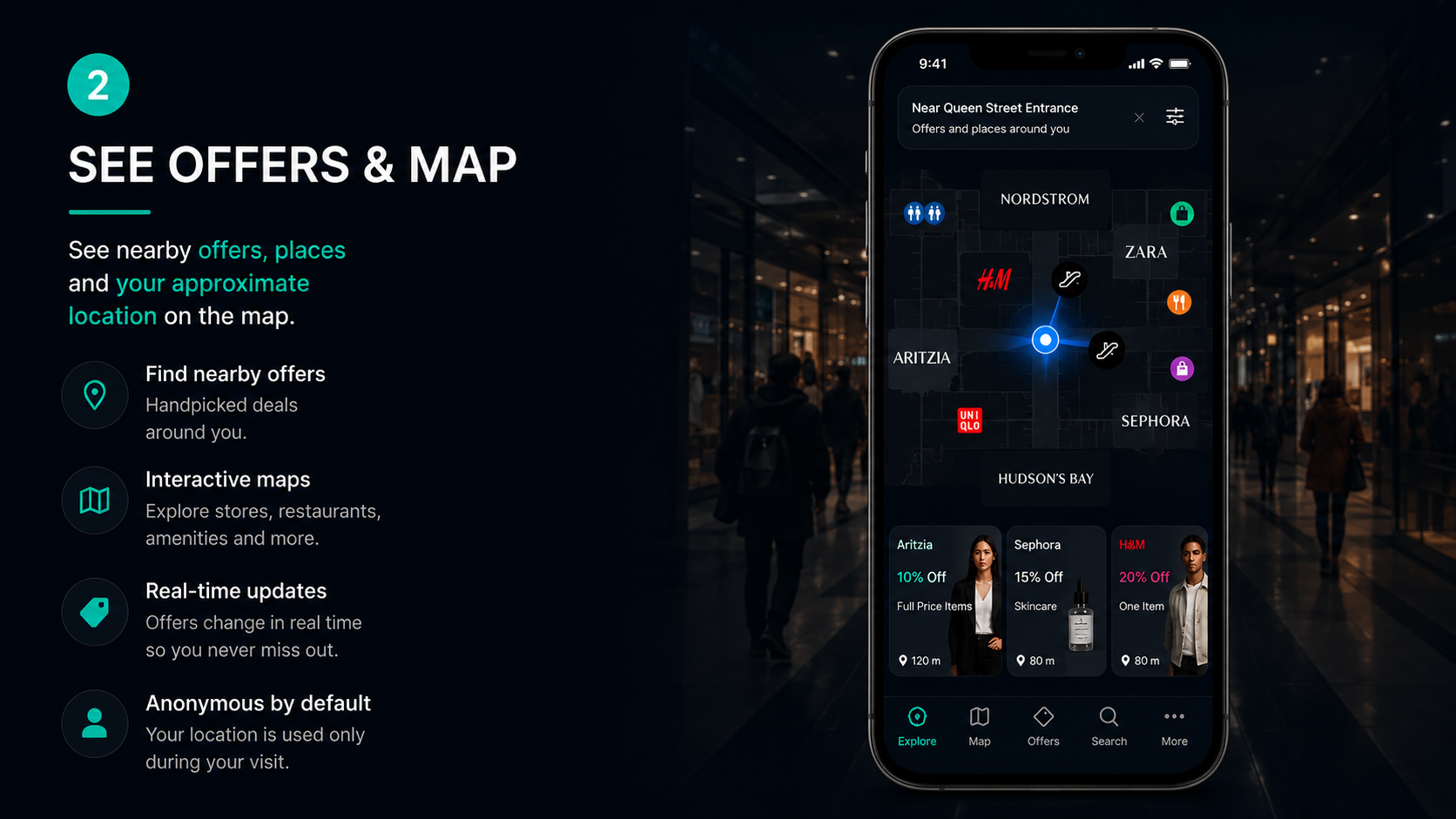 Overrr visitor app, step 2 of 6: the visitor sees an interactive indoor map of the venue showing their current zone alongside a list of nearby stores and live offers available around them.