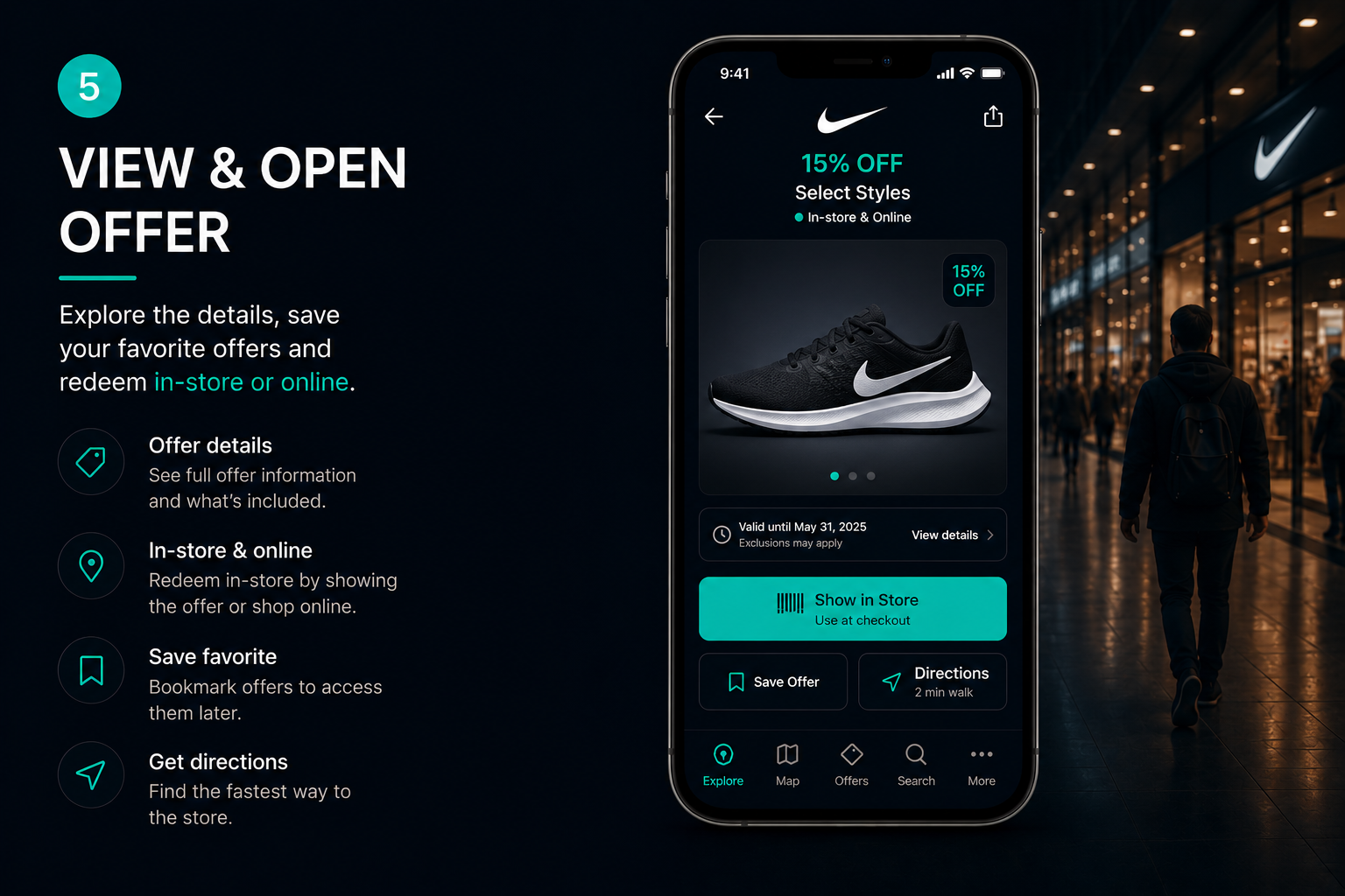 Overrr visitor app, step 5 of 6: the visitor taps an offer to view and open it in full, showing the discount detail and redemption instructions. This is the first commercial action, chosen by the visitor.