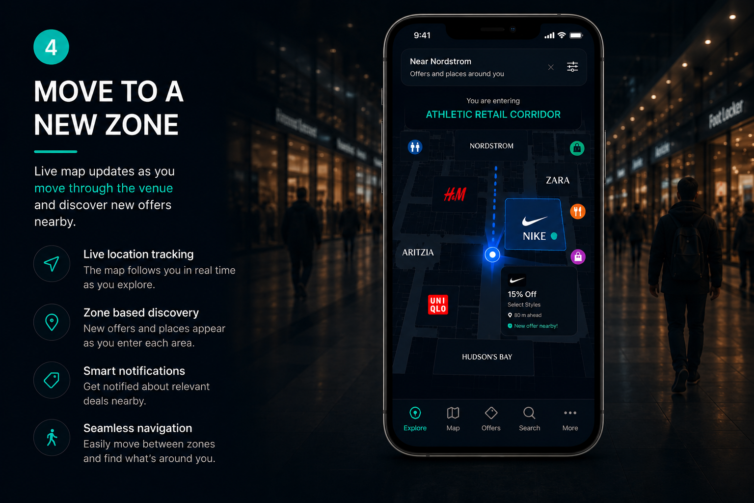Overrr visitor app, step 4 of 6: as the visitor walks into a different zone of the venue, the map redraws and the offer inventory updates to match the new location.