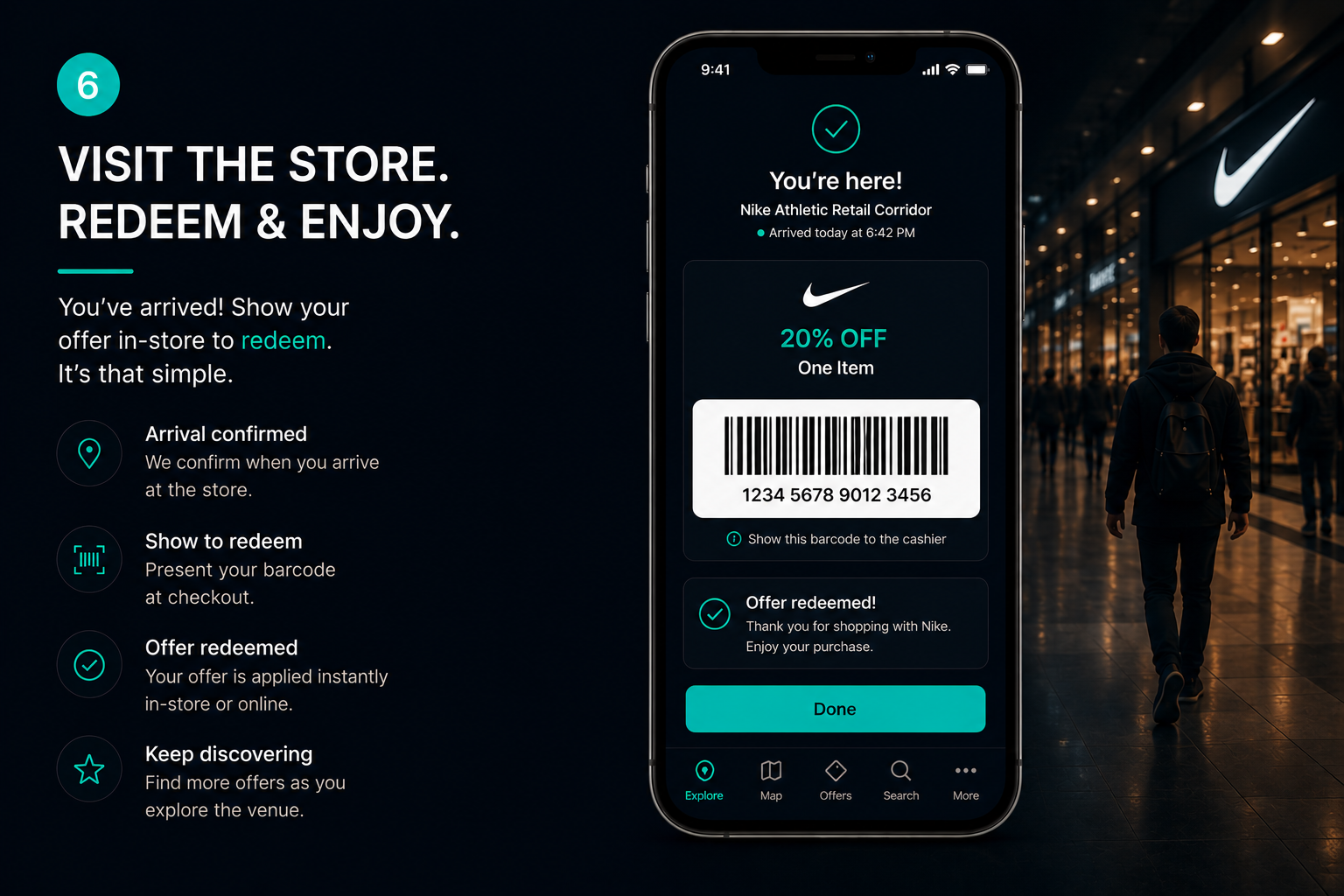 Overrr visitor app, step 6 of 6: arrival at the store is confirmed and the offer is ready to redeem at the till, closing the loop from impression to in-store visit.