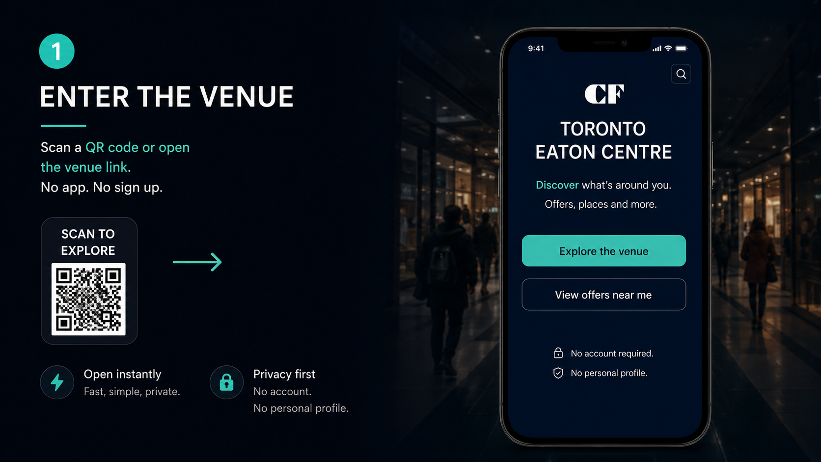 Overrr visitor app, step 1 of 6: a shopper enters the venue and scans a QR code, which opens the Overrr web app instantly in the browser with no download, no app install and no account or personal profile required.